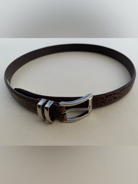 Brown Croc-Embossed Leather Belt with Silver Buckle